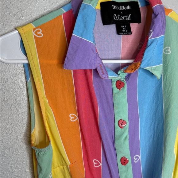 Modcloth X Collectif Prismatic Tie Front Rainbow Stripe Heart Button Blouse XS - Picture 3 of 5